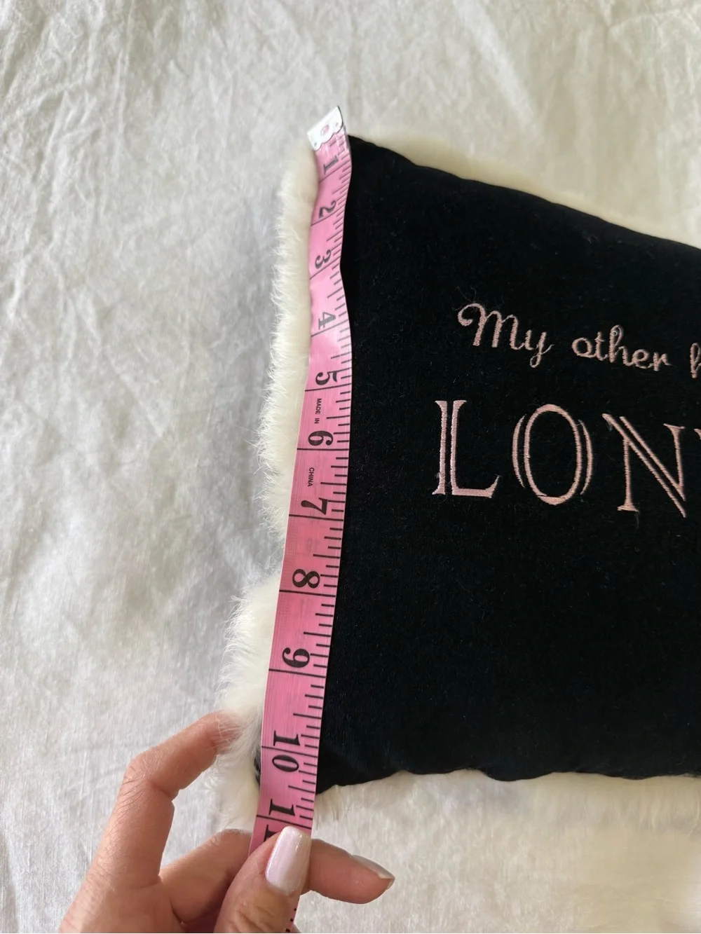 Black Velvet Faux Fur Trim Pillow | “My Other House Is In London” Embroidered